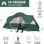UNP Camping Tent 10-Person-Family Tents, Parties, Music Festival Tent, Big, Easy Up, 5 Large Mesh Windows, Double Layer, 2 Room, Waterproof, Weather Resistant, 18ft x 9ft x78in