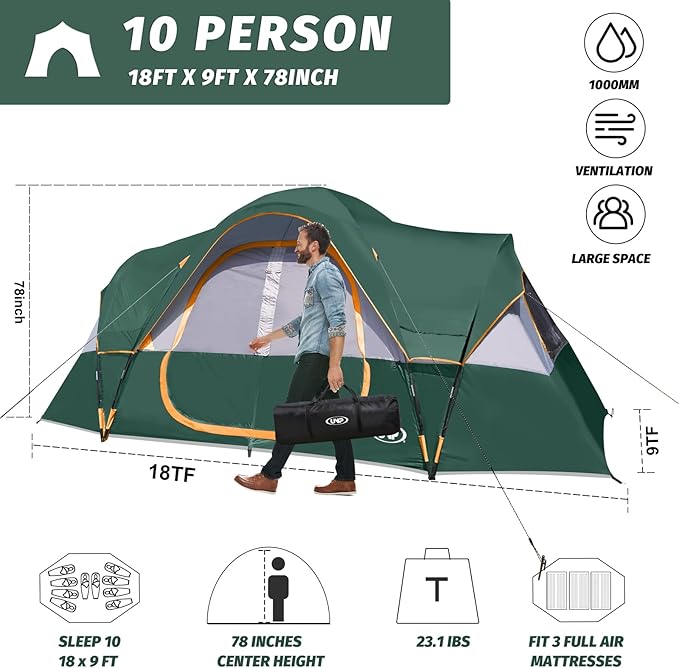 UNP Camping Tent 10-Person-Family Tents, Parties, Music Festival Tent, Big, Easy Up, 5 Large Mesh Windows, Double Layer, 2 Room, Waterproof, Weather Resistant, 18ft x 9ft x78in