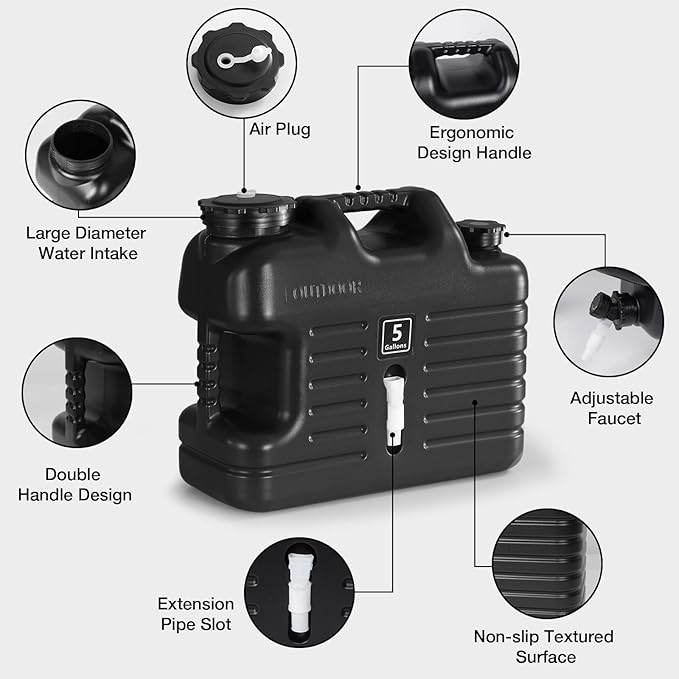 5 Gallon Water Jug, Camping Water Container BPA Free Water Storage with Spigot No Leakage Portable Emergency Water Tank for Outdoor Hiking Camping Picnic Supplies Black