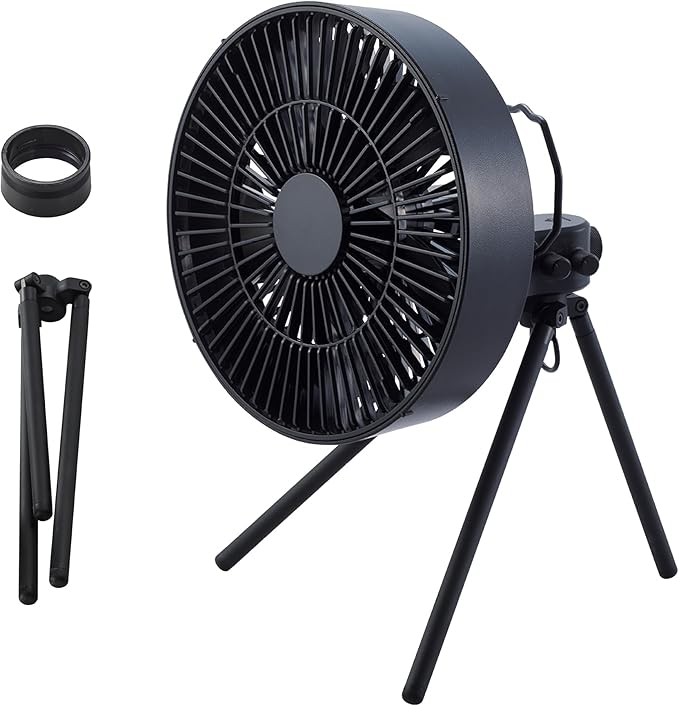NESTOUT Outdoor Camping Fan with Tripod, 4 Speed Settings & Breeze Mode, 3 Angle Oscillation, 90° Adjustable Tilt, Auto Timer (30/60/90 mins), USB C Compatible, Portable Tent Fan (Black)