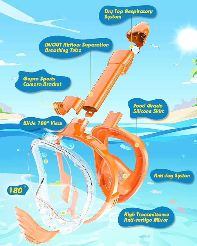 QingSong Kids Snorkel Mask Full Face, Snorkeling Set with Camera Mount, Foldable 180 Degree Panoramic View Snorkeling Gear Anti-Fog Anti-Leak