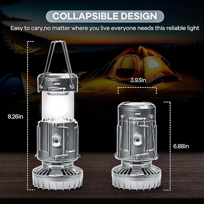 Solar Camping Lantern with Fan, Collapsible USB Rechargeable & Battery Powered Emergency Hanging Lights for Camping Tent Hurricanes Power Outages Storm Indoor Outdoor (Upgraded, 1 Pack)