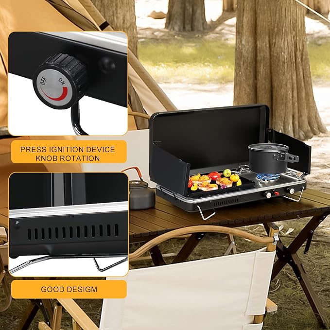 Bonnlo 2-in-1 Camping Stove with Propane Griddle, 15000 BTU Portable Gas Stove with Auto-Ignition, Foldable Windshield & Carry Handle, Camp Stove for Outdoor Cooking, BBQ, Frying, Camping, Tailgating