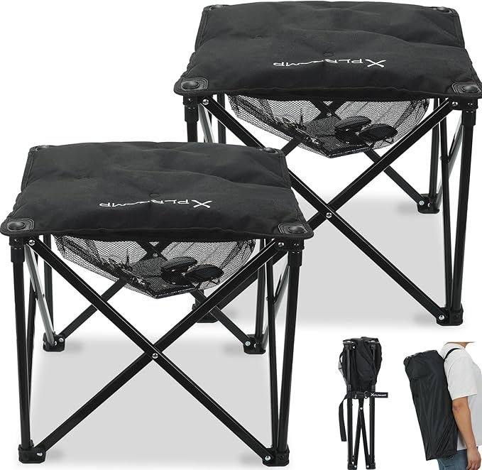 Padded Camping Stool, 18 Inch Oversized Camping Foot Rest, 500lb Camping Chairs Outdoor Footstool Portable Camping Ottoman for Camping Gardening Fishing w/Storage Net Carry Bag (2, Black)