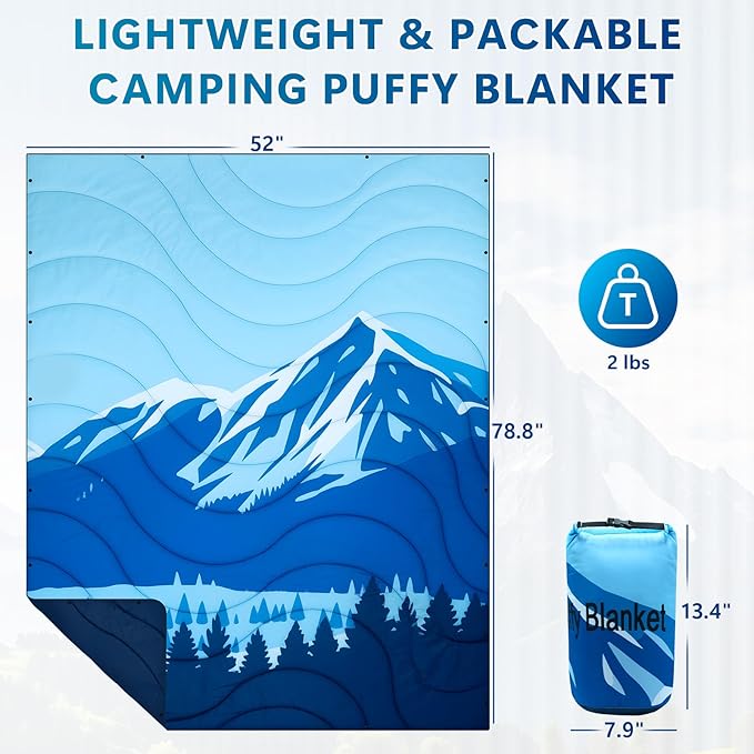 Camping Blanket Waterproof, Packable Down Alternative Puffy Printed Camp Blankets Ultra Warm Lightweight Hammock Top Quilt Outdoor Blanket for Travel Picnic Stadium Hiking Party Cold Weather 55"x78.8"