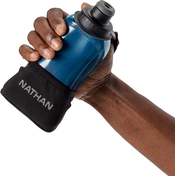 Nathan Running Handheld Water Bottle Adjustable No-Grip Quick Squeeze Lite Hand Strap. 12 oz Insulated Water Bottle. Reflective Hydration