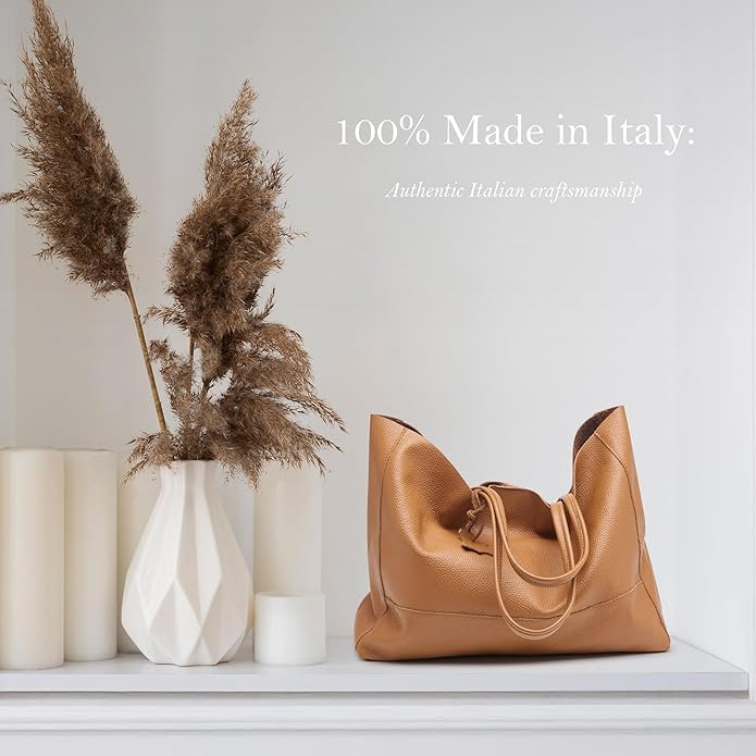 Italian Leather Tote Bag for Women - Large Shoulder Shopper, Fits 16” Laptop, Keychain Holder, Made in Italy