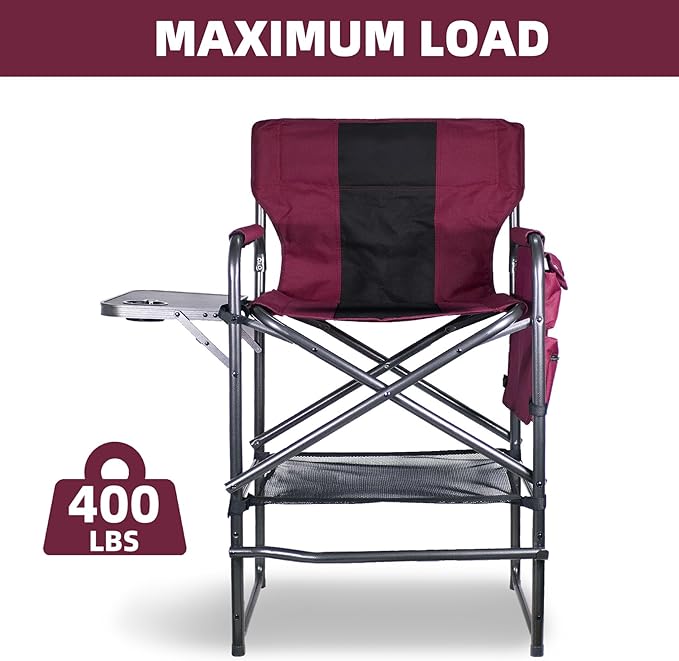 30" Tall Directors Chair with Side Table, 400LBS Bar Height Folding Camping Chair for Makeup Artists, Outdoor Events, Portable Foldable Chair with Cup Holder & footrest - Wine Red/Black