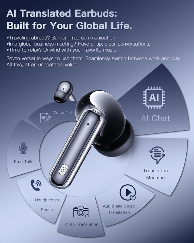 Wireless Earbuds, Ai Translation Earbuds Real Time, Audifonos traductores inglés español, Bluetooth Headphones, 90H Standby Time, Translator with 7 Modes for Travel & Business Learning