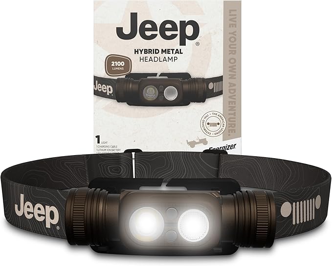 Energizer Jeep Hybrid Rechargeable Metal LED Headlamp, 2,000 Lumens, Bright Headlamp with Power Source Flexibility for Any Adventure on or Off Road