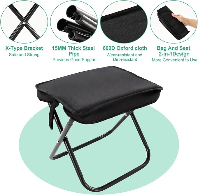 Pocket Chair, Black Portable Stool, Purse Chair, Lightweight and Foldable, High Load-Bearing Capacity, with A Handbag, Suitable for Traveling, Camping and Mountain Climbing