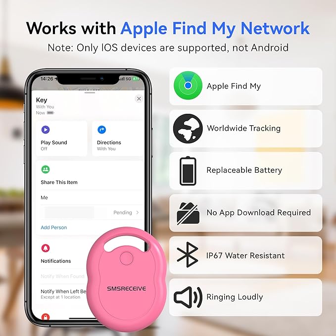 Air Tracker Tag-1 Pack [Apple MFI Certified], Smart Bluetooth Tracker Works with Apple Find My (iOS Only, Not for Android), Key Finder and Item Locator Smart Tag for Keys, Luggage, Backpack(Magenta)