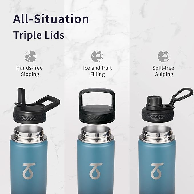 Trebo 24 oz Water Bottle Insulated with Lid and Straw,Double Wall Vacuum Stainless Steel Metal Tumbler Sports Flask with Paracord Handle, Keep Cold 48 Hours Water Cup with 3 Lids, Indigo/Black