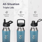 Trebo 24 oz Water Bottle Insulated with Lid and Straw,Double Wall Vacuum Stainless Steel Metal Tumbler Sports Flask with Paracord Handle, Keep Cold 48 Hours Water Cup with 3 Lids, Indigo/Black