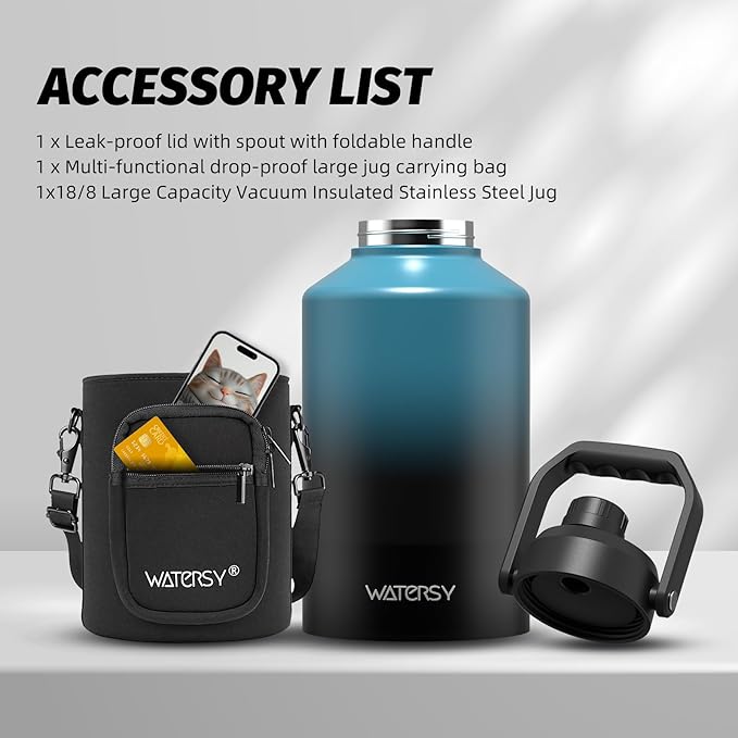 WATERSY 1.5 Gallon Water Bottle Insulated(Cold for 48 Hrs),BPA Free&Leak Proof,196oz Stainless Steel Water Jug,Big thermos,Large Water Bottle with Handle for Gym,Hiking,Camping&Travel,Lake Blue