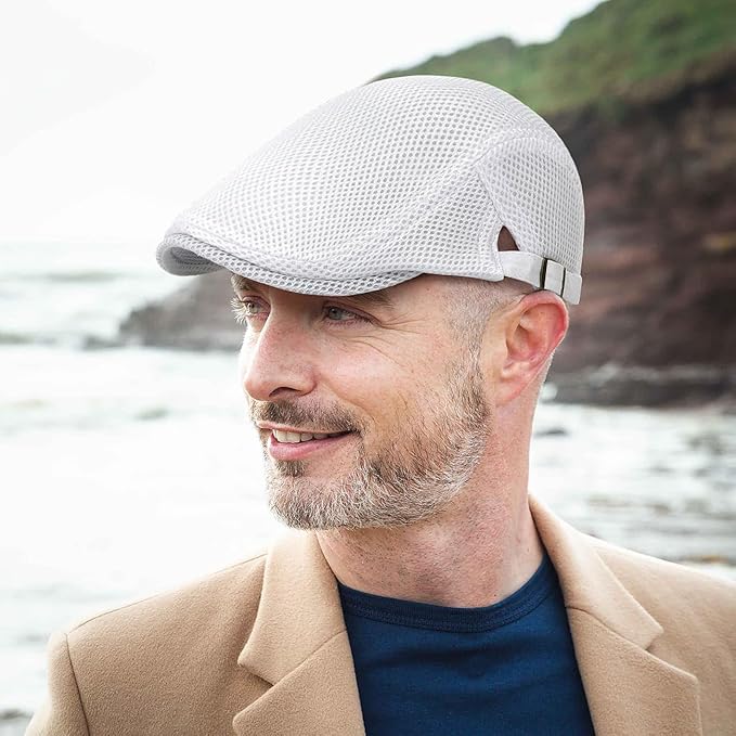 2 Pack Men's Mesh Cap Breathable Summer Newsboy Hat Adjustable Beret Ivy Cap Irish Cabbie Driving Hunting Hats