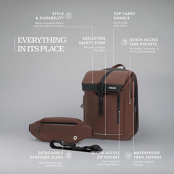 Verage Pulse 2-in-1 Roll Top Laptop Backpack 16″ with Detachable Everyday Sling Bag, Personal Item Size, Expandable Water-Resistant Travel Backpack for Airplane, Work & Daily Commute – Brown