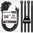 Large Zip Ties 36 inch (50 Pack), Long Zip Ties Heavy Duty with 250 lb Tensile Strength, Big Cable Ties, Black, by ANOSON