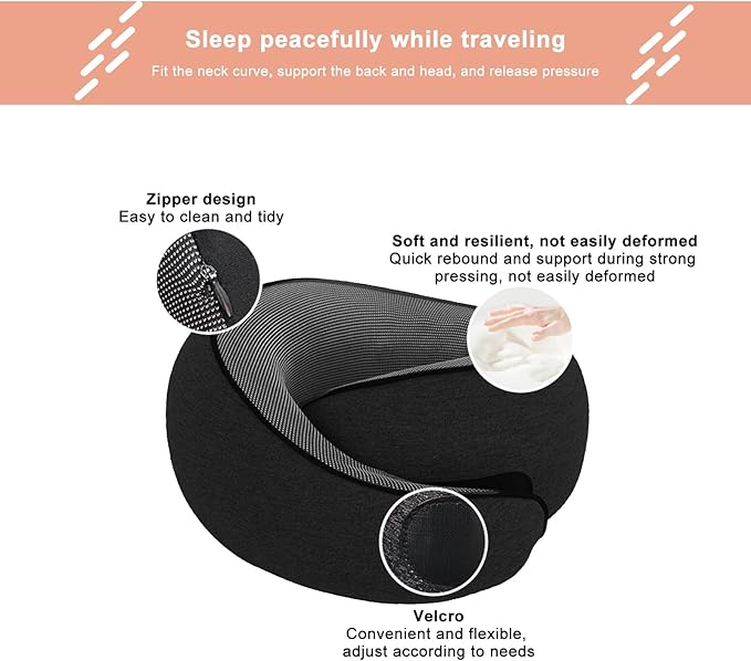 Cloud Sleep Travel Pillow｜360° Adjustable Neck Pillow for Airplane & Office｜NASA Memory Foam｜Free Eye Mask & Earplugs (Black)