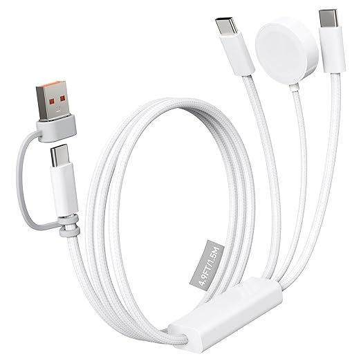 ZEEHOO Multi Charging Cable, 100W Dual USB C Charger Cable, for Apple Watch Charger, 3 in 1 Fast Charging Cable, iPhone 17/16/15 Pro, iPad, MacBook, AirPods, Nylon Braided Travel Cable