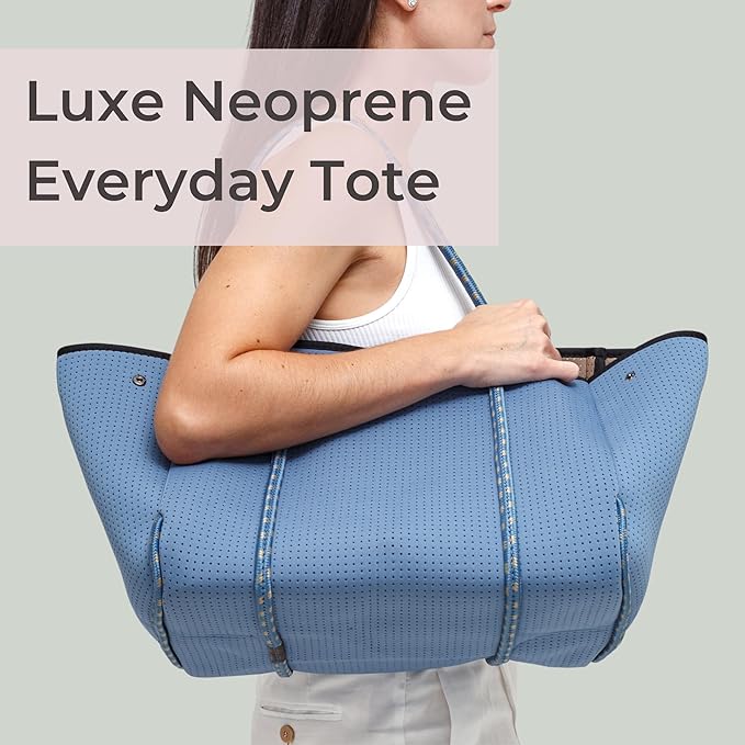 POPUPS Large Neoprene Tote Bag for Women - Everyday Designer Handbag for Travel Work and Beach with Pockets and Zipper Pouch