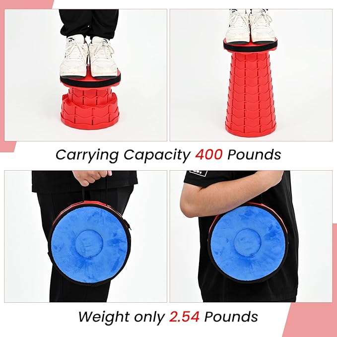 2 Pack Upgraded Collapsible Stool Folding Stool with Cushion,Retractable Folding Stool Max Load Capacity 400lbs, Portable Telescoping Stools for Camping Hiking Outdoor BBQ -Red