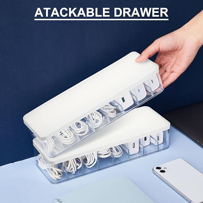 Tatuo 1 Pcs Cable Organizer Box with Wire Ties, Plastic Cord Storage Box with Lid, Electronics Organizer for Home Office Desk Organizers and Accessories (Clear,White)