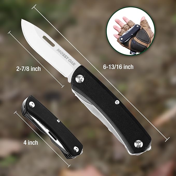 MOSSY OAK Multitool Pocket Knife, 10-in-1 Folding Pocket Knife Multitool with Stainless Steel Blade, Saw, Can Opener, Screwdrivers – EDC Tool for Camping, Hiking, Survival
