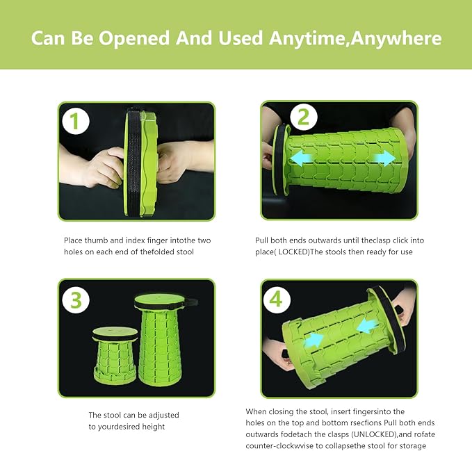 Portable Collapsible Stool, Adjustable Height Folding Seat for Adults and Kids, Lightweight Retractable Telescoping Stool for Camping, Travel, Fishing, Outdoor & Indoor Use (Apple Green)