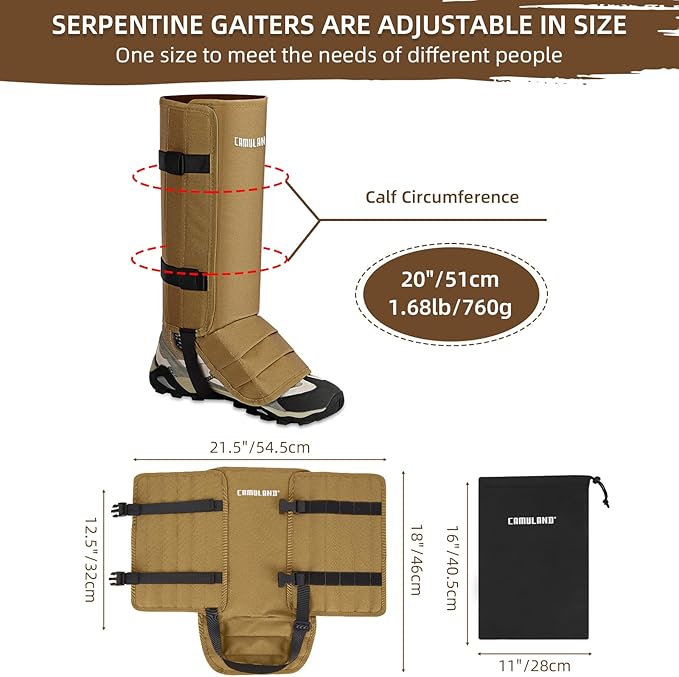 CAMULAND Snake Gaiters for Men & Women, Durable Waterproof Snake Guards for Lower Leg Protection