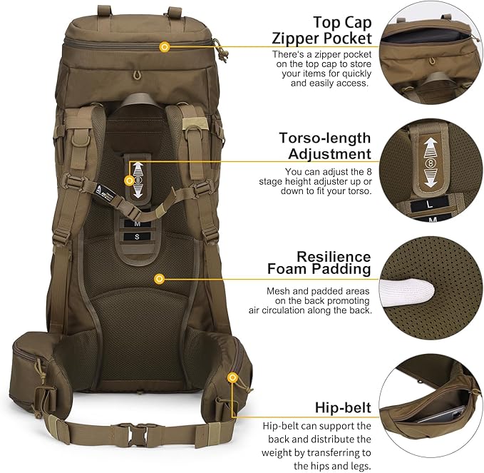 Mardingtop 70L Internal Frame Backpack for Camping,Hiking,Travel,Tactical Backpack with Rain Cover