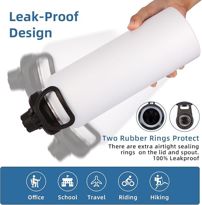 Volhoply Insulated Water Bottles Bulk 4 Pack,Not Suitable for Sublimation, 40 oz Stainless Steel Sports Bottle with Paracord Handle & Spout Lid, Double Walled Vacuum Metal Travel Flask(White,4 Set)