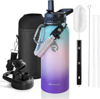 Insulated Water Bottle 32 oz, Triple Wall Vacuum Stainless Steel (Cold for 48 Hrs), Leak Proof & Non-BPA, Modern Water Flask Jug with Paracord Handle & Straw Spout Lids, Hydrangea