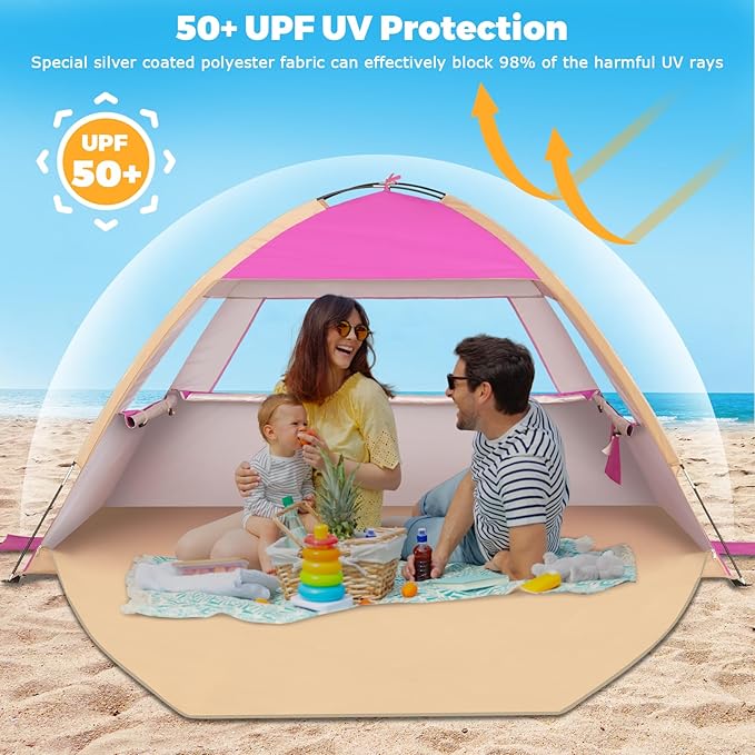 Venustas Beach Tent Sun Shelter for 3/4-5/6-7/8-10 Person, UPF 50+ UV Protection Beach Canopy, Lightweight and Easy Setup Cabana, Portable Shade Tent