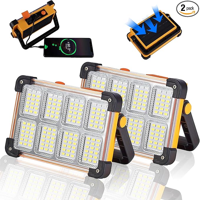 2 Pack 120W Solar Rechargeable Work Light, 144 LED 10000LM Portable Flood Light with Stand, IP66 Waterproof 4 Modes LED Job Site Lighting Flashlights for Mechanic Camping Fishing Car Repair