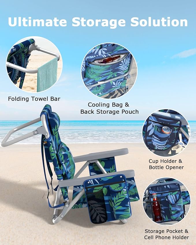 ZENPETIO Beach Chair, Camping Chair for Adults, Reclining Backpack Chair for Pool, Beach, Camping, Outdoors