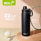 Insulated Water Bottle-22 oz Stainless Steel Double Wall Vacuum Wide Mouth Sports Water Bottle with Spout Lid-Metal Leak Proof Water Flask for Travel (Black)