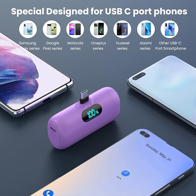 Mini Portable Charger 5000mAh Power Bank, 15w PD USB C Cell Phone Portable Power, LCD Display Battery Pack Compatible with Android Phone/Samsung Galaxy S22,S21/Note/Pixel/OnePlus 9 etc (Light Purple）