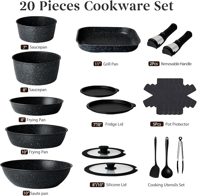 20 Pcs Pots and Pans Set Non Stick, Stackable Cookware Sets with Detachable Handle, Granite Induction RV Kitchen Portable Cooking Set Removable Handles, Dishwasher ＆ Oven Safe, Black