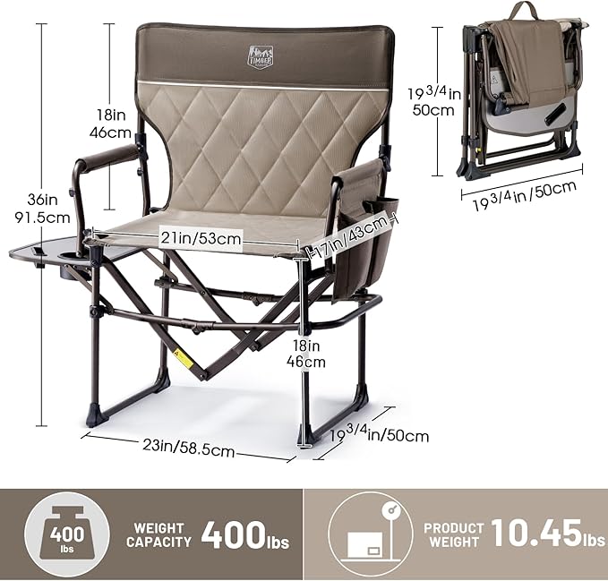 TIMBER RIDGE Aluminum Camping Directors Chair with Side Table Pocket, Portable Folding Chair, Heavy Duty Lawn Chair for Fishing Trip Picnic Concert Outdoor 400lbs, Tan 2 Pack