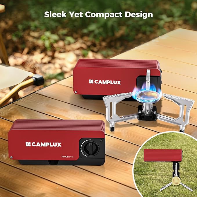 CAMPLUX FoldGo Camping Stove, 7500 BTU Portable Butane Gas Stove, Foldable Cassette Stove with Carry Bag & Adjustable Burner, CSA Certified Collapsible Butane Stove for Outdoor Cooking, Red