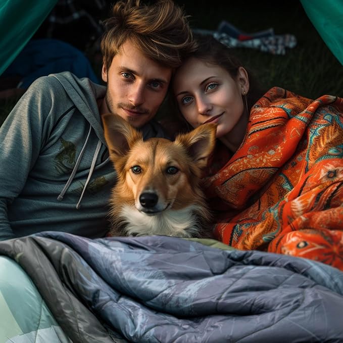 Outdoor Camping Blanket with Sherpa Lining, Extra Warm Thick Camp Blankets and Puffy Ultralight Soft Poncho DWR Camping Quilt for Cold Weather, Adventure, Sleeping, Backpacking 78"x 56"