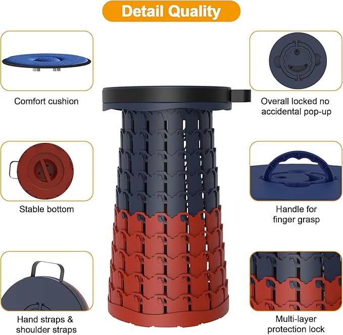 ALEVMOOM Upgraded XXL 19.7" Collapsible Stool, Heavy Duty Portable Folding Stool Max Load 1000 lbs, Retractable Telescoping Foldable Seat for Camping Fishing Hiking Travel BBQ