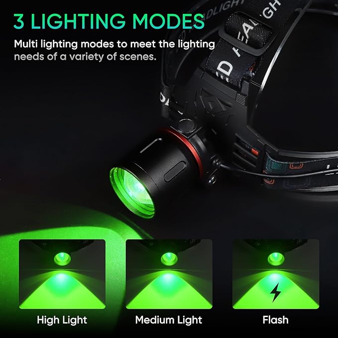 WINDFIRE Green Light Headlamp Rechargeable Green Light Headlight for Hunting, 3 Lighting Modes, Zoomable, Water Resistance Green Coyote Predator Light for Astronomy, Stargazing, Night Observation