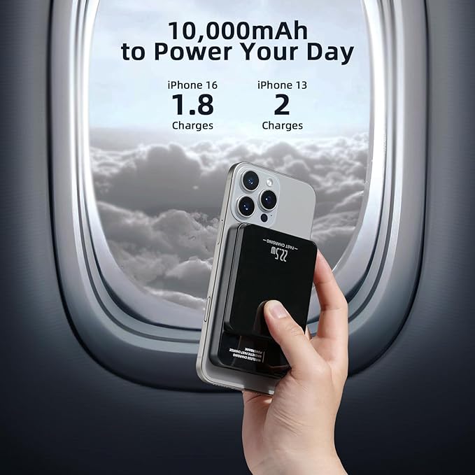 Magnetic Power Bank, 10000mAh Magnetic Portable Charger, 22.5W Wireless Power Bank, USB-C Fast Charging, LED Display Magnetic Battery Pack, Compatible for iPhone 17/16/15/14/13 Pro/Pro Max/Plus(Black)