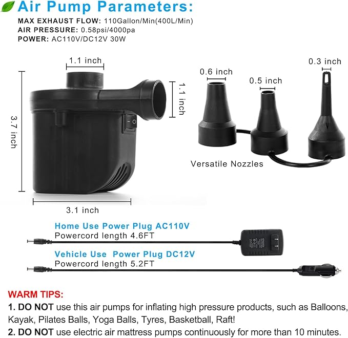 Newpol Inflatable Bed Pump, Electric Air Pump(100 Gallon/Min) for Air Mattress Beds, Inflatable Swimming Pools, Swimming Ring（AC110-240V/DC12V）