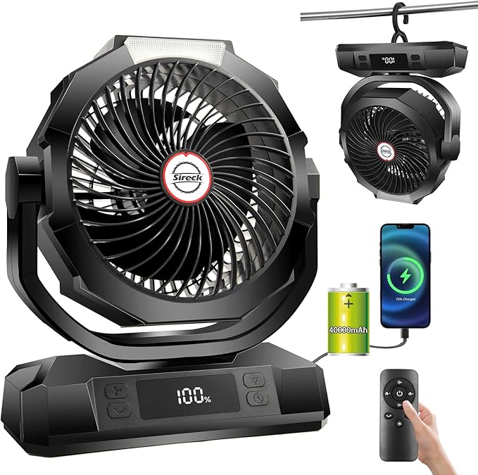40000mAh Battery Powered Camping Fan,12-Inch Portable Personal Fan with Remote,LED Lantern, 6 Speeds,Timer,Auto Oscillation,Digital Display Cordless Tent Fan (Black)