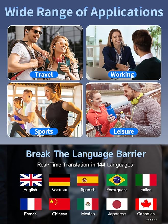 144 Languages AI Translation Earbuds, Bluetooth 5.4 Headphones Translator, 4-in-1 Smart Mode Touch Screen Real-Time Earphones Fit iOS and Android Devices, Ideal for Travel, Business, Learning