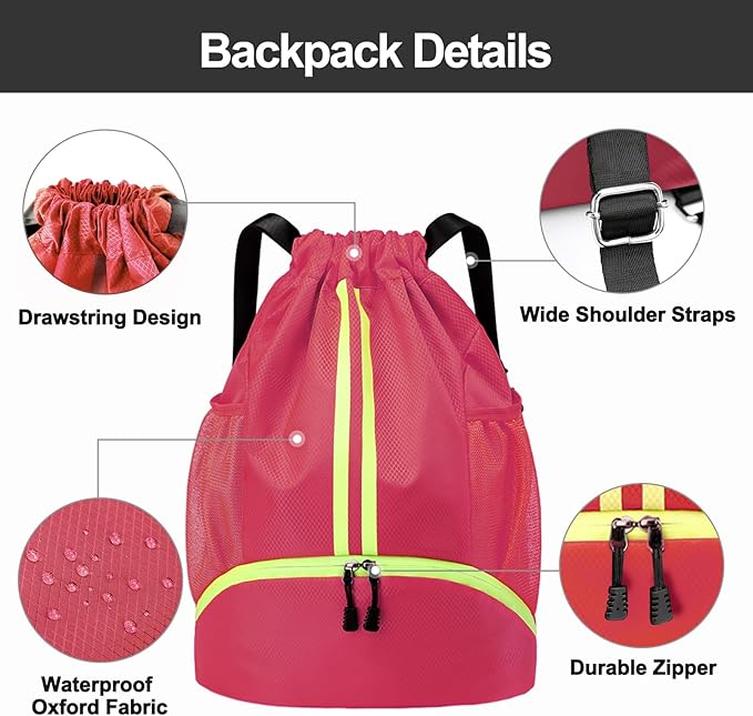 Hoedia Sports Drawstring Backpack - String Swim Gym Bag with Shoes Compartment and Wet Proof Pocket for Women/Men (Pink)