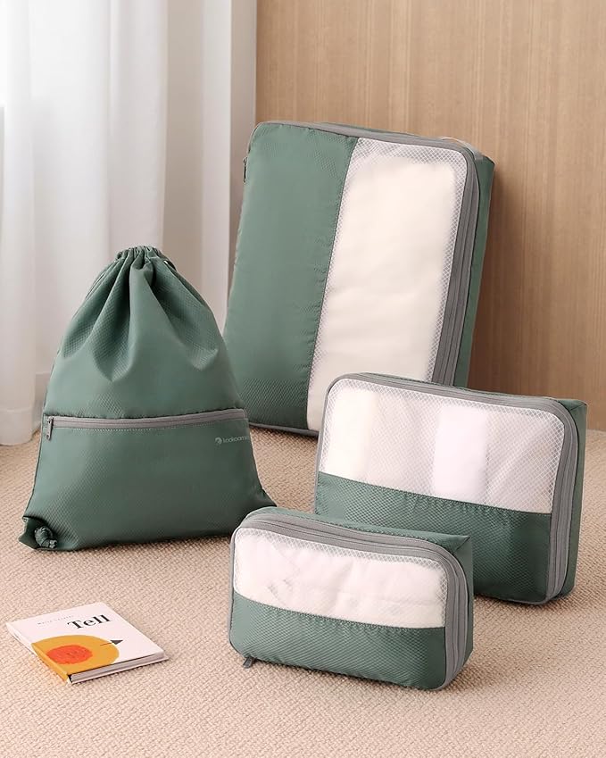 4 Set Compression Packing Cubes for Travel, Bonus Versatile Drawstring Backpack, Lightweight Luggage Organizer Bags, Sturdy Travel Accessories for Suitcase, Dark Green